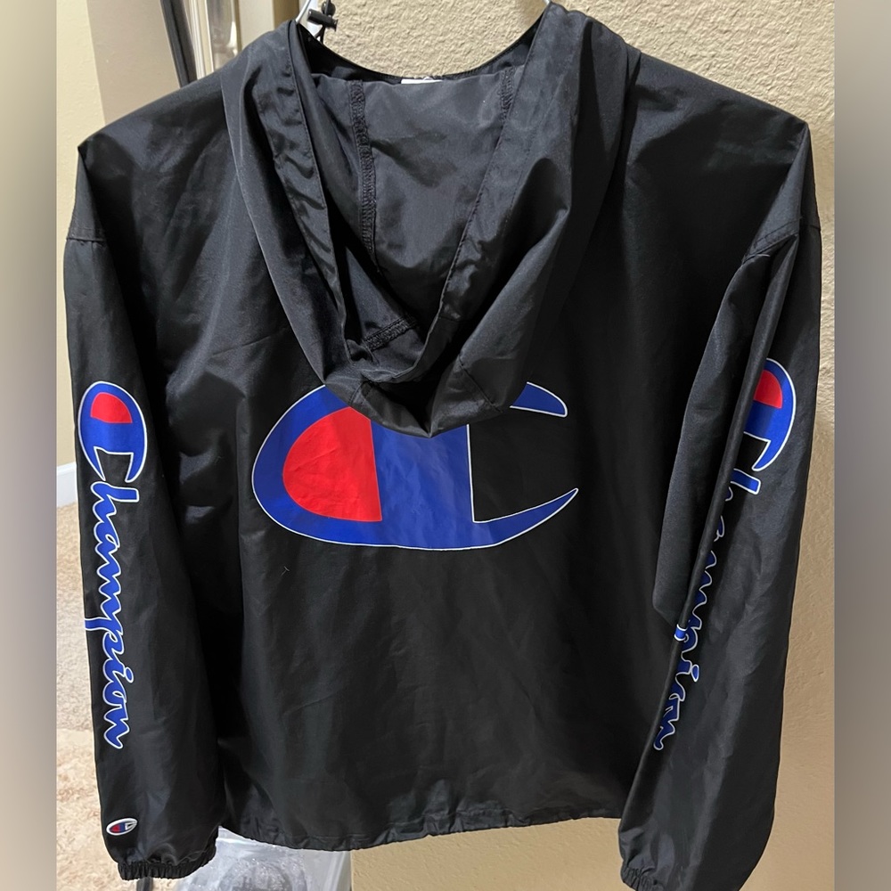 Champion UO Mens Jacket Hooded Windbreaker Big C Half Zip Pull Over Black-M